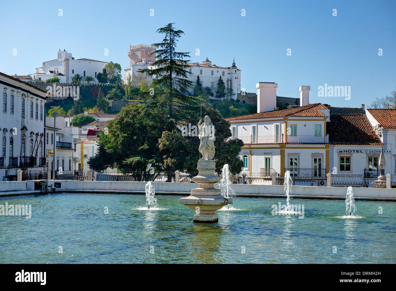 Portugal, the Alentejo, Estremoz, the Lago do Gadanha fountains with the statue of the grim reaper (a Gadanha) Stock Photo