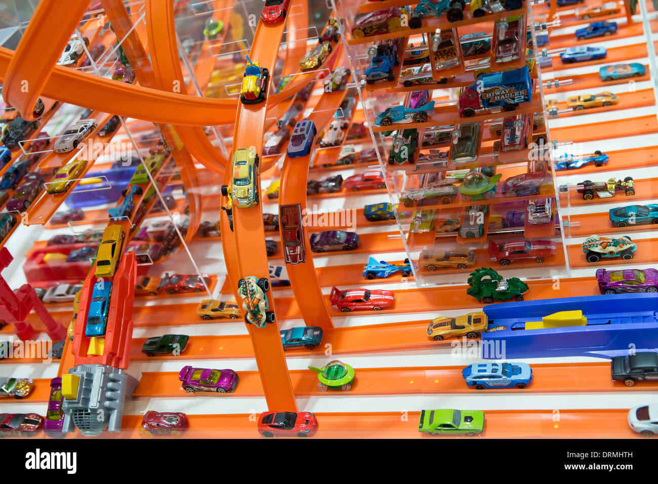 Nuremberg, Germany. 29th Jan, 2014. A Hot Wheels car race track of Matel is  displayed at the 65th International Toy Fair in Nuremberg, Germany, 29  January 2014. The world's largest Toy Fair
