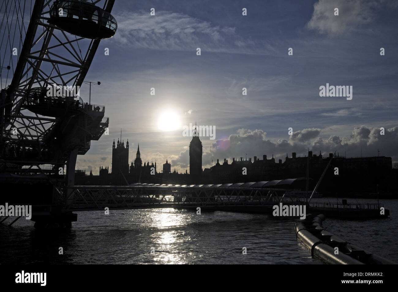 The London Eye River Thames and Houses of Parliament with Big Ben and Westminster Bridge London England Stock Photo