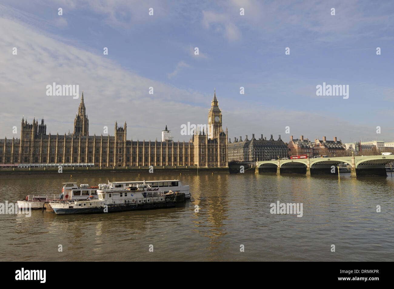 River Thames and Houses of Parliament and Big Ben and Westminster Bridge London England Stock Photo