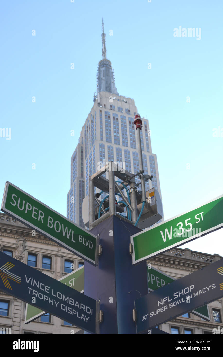 New York City, NY, USA . 29th Jan, 2014. Signs for various Super Bowl related activities in Herald Square.  Empire State Building in the background. Credit:  Christopher Penler/Alamy Live News Stock Photo