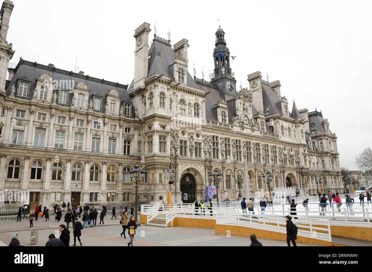 Hotel de Ville in winter, with seasonal ice skating rink in Paris, France. Stock Photo