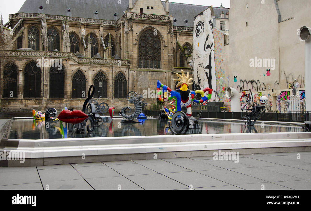 The Stravinsky Fountain or Fontaine des Automates in front of Centre Georges Pompidou. Paris, France. Stock Photo