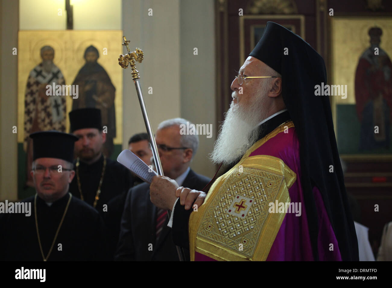 Patriarch Bartholomew I of Constantinople attends an Orthodox religious service during his visit to Prague, Czech Republic. Stock Photo