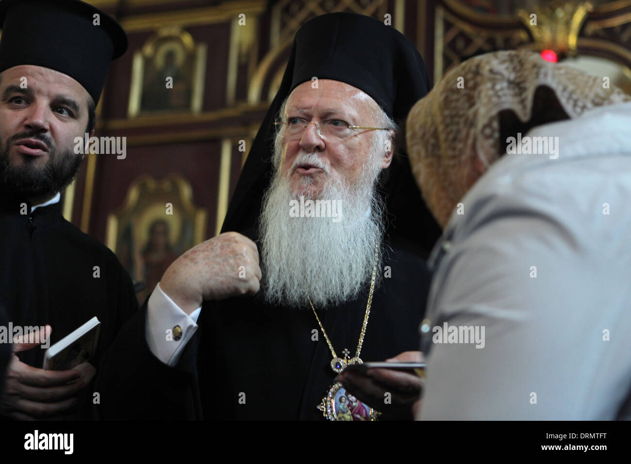 Patriarch Bartholomew I of Constantinople blesses to the Orthodox believers during his visit to Prague, Czech Republic. Stock Photo