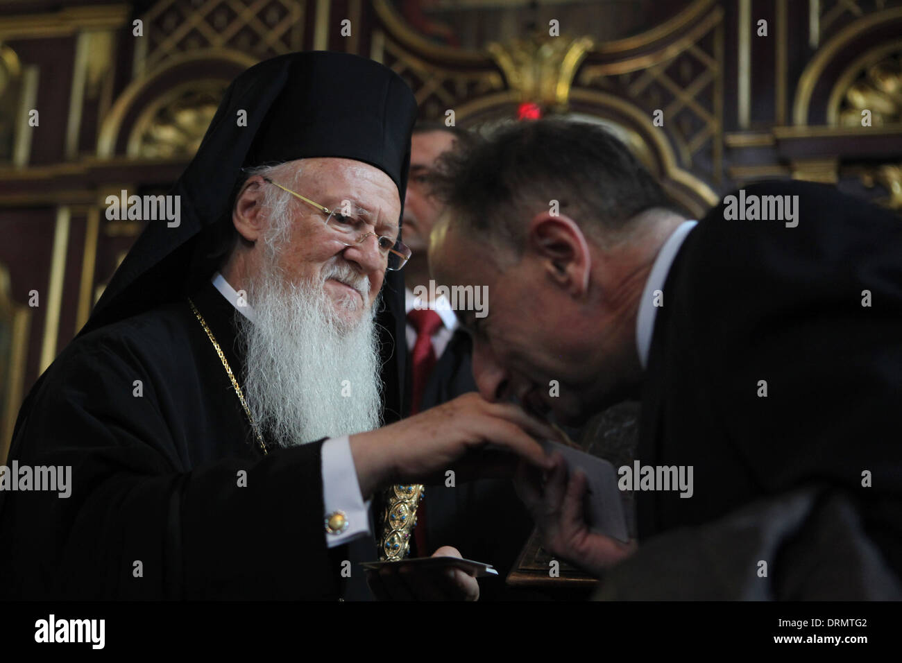 Patriarch Bartholomew I of Constantinople blesses to the Orthodox believers during his visit to Prague, Czech Republic. Stock Photo