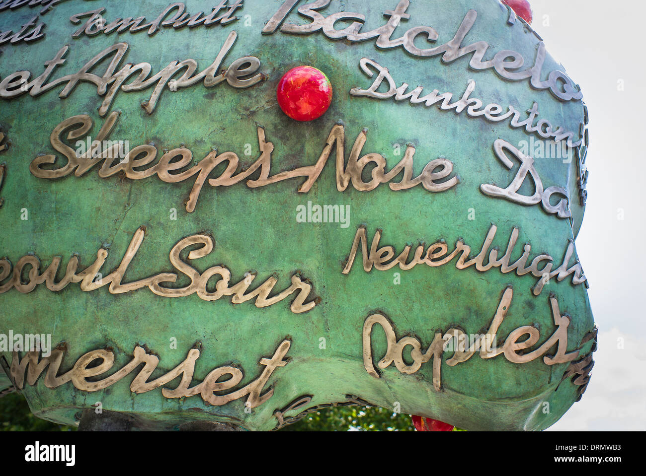 Modern sculpture commemorating historic cider apple varieties and names in UK Stock Photo