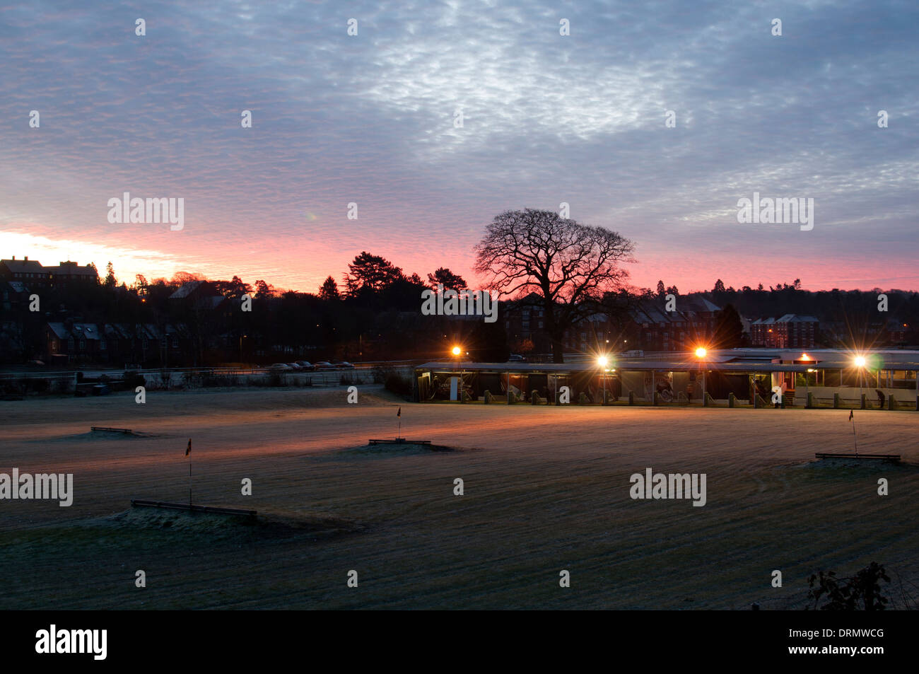 Warwick golf driving range at dawn, Warwick, Warwickshire, UK Stock Photo