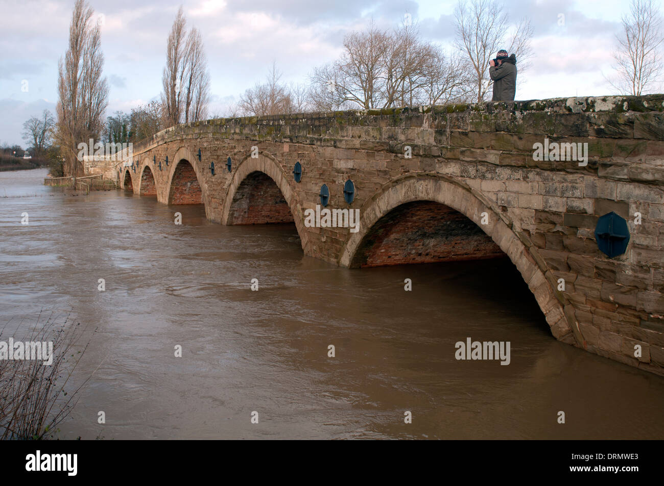 River Avon and old bridge during floods, Barford, Warwickshire, England, UK Stock Photo
