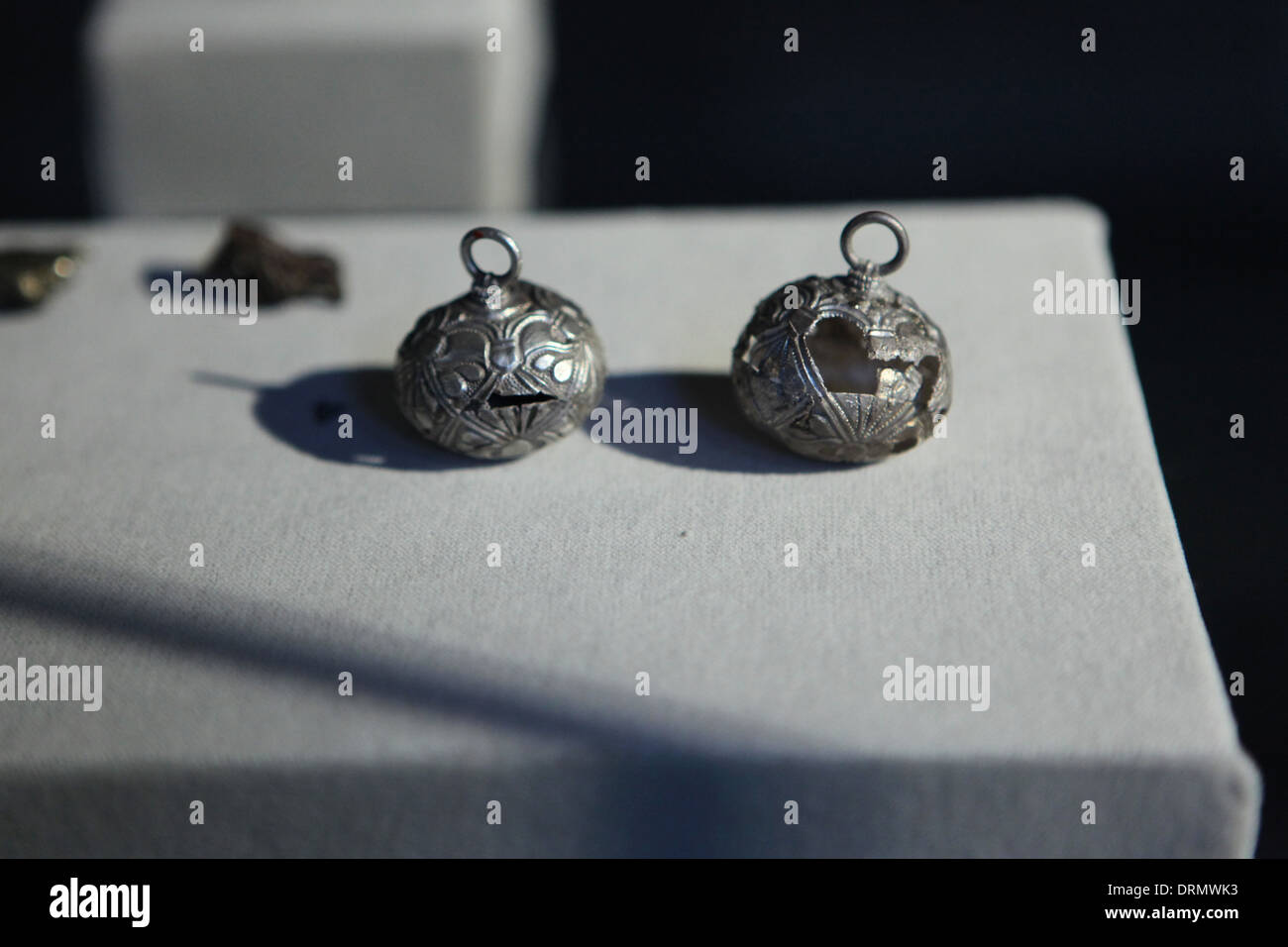 Great Moravian Empire. Silver spherical buttons, co-called gombik, from the tomb of a Moravian boy from the 9th century. Stock Photo