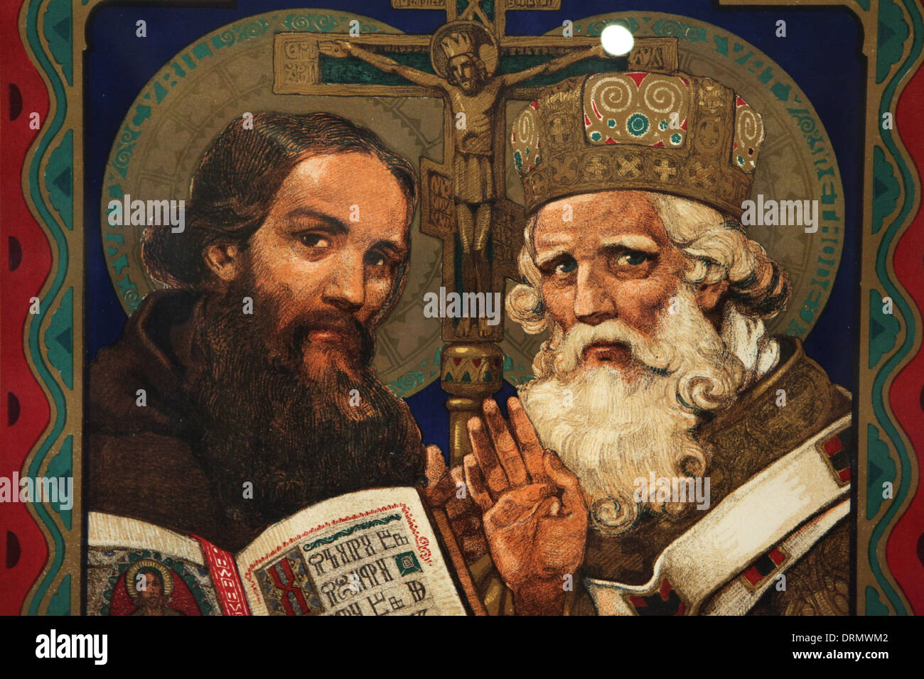 Coloured lithograph 'Saints Cyril and Methodius' (1912) by Jano Kohler at the exhibition 'Saints Cyril and Methodius' in Prague. Stock Photo
