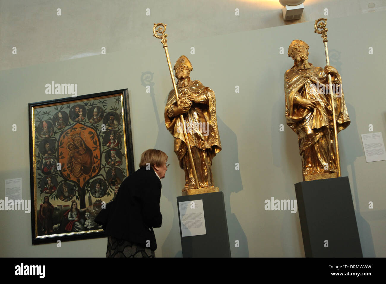 A visitor observes baroque statues of Saints Cyril and Methodius from the 1770s by sculptor Petr Prachner. Stock Photo