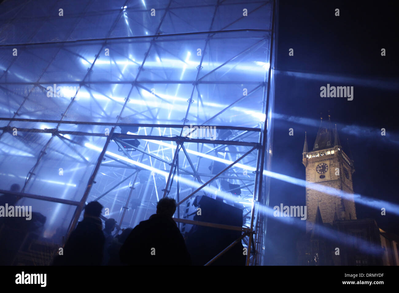 Large scale installation titled the HyperCube on Old Town Square during the Signal Festival in Prague, Czech Republic. Stock Photo