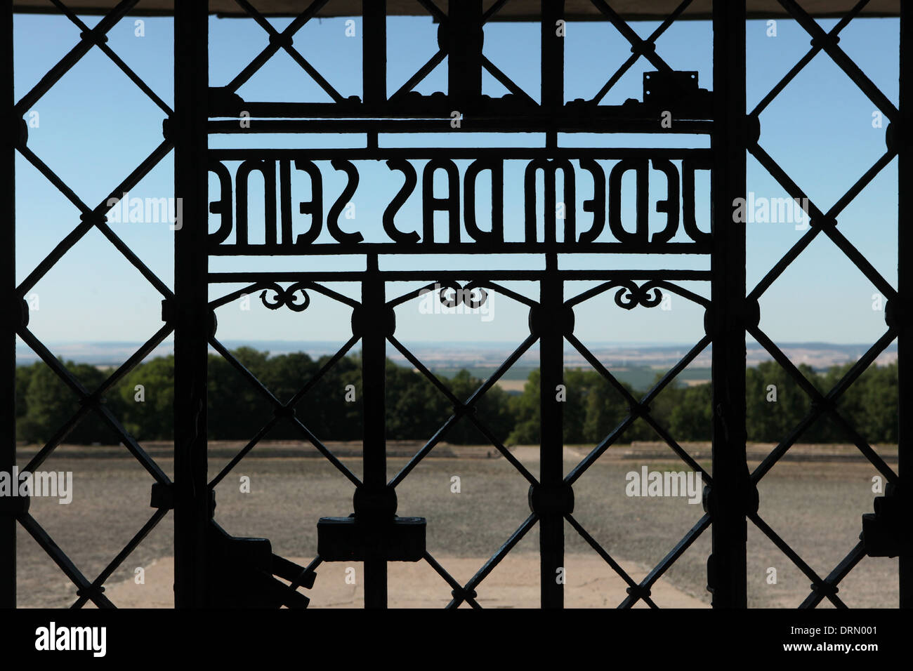 Jedem das Seine. Main gate of Buchenwald concentration camp near Weimar, Germany. Stock Photo