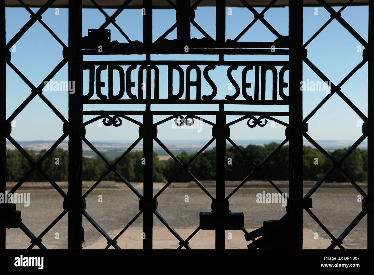 Jedem das Seine. Main gate of Buchenwald concentration camp near Weimar, Germany. Stock Photo