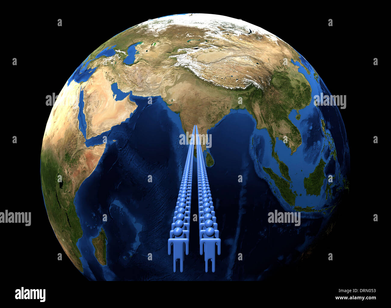 Line of men leading to India on Earth globe illustration Stock Photo