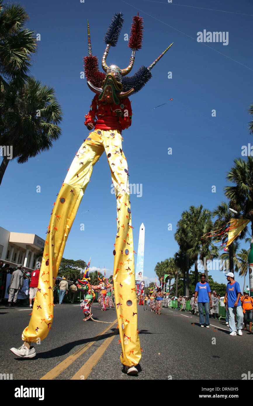 Carnival participant dressed up as Diablo Cojuelo (Limping Devil) performs during the Dominican Carnival in Santo Domingo. Stock Photo