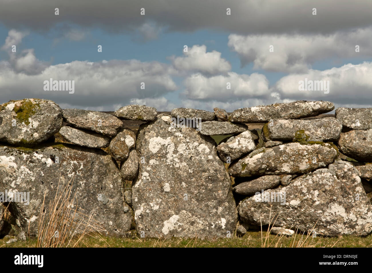 Close-up details of a dry-stone wall in Dartmoor National Park, an area of rugged moorland in South Devon, England. Stock Photo