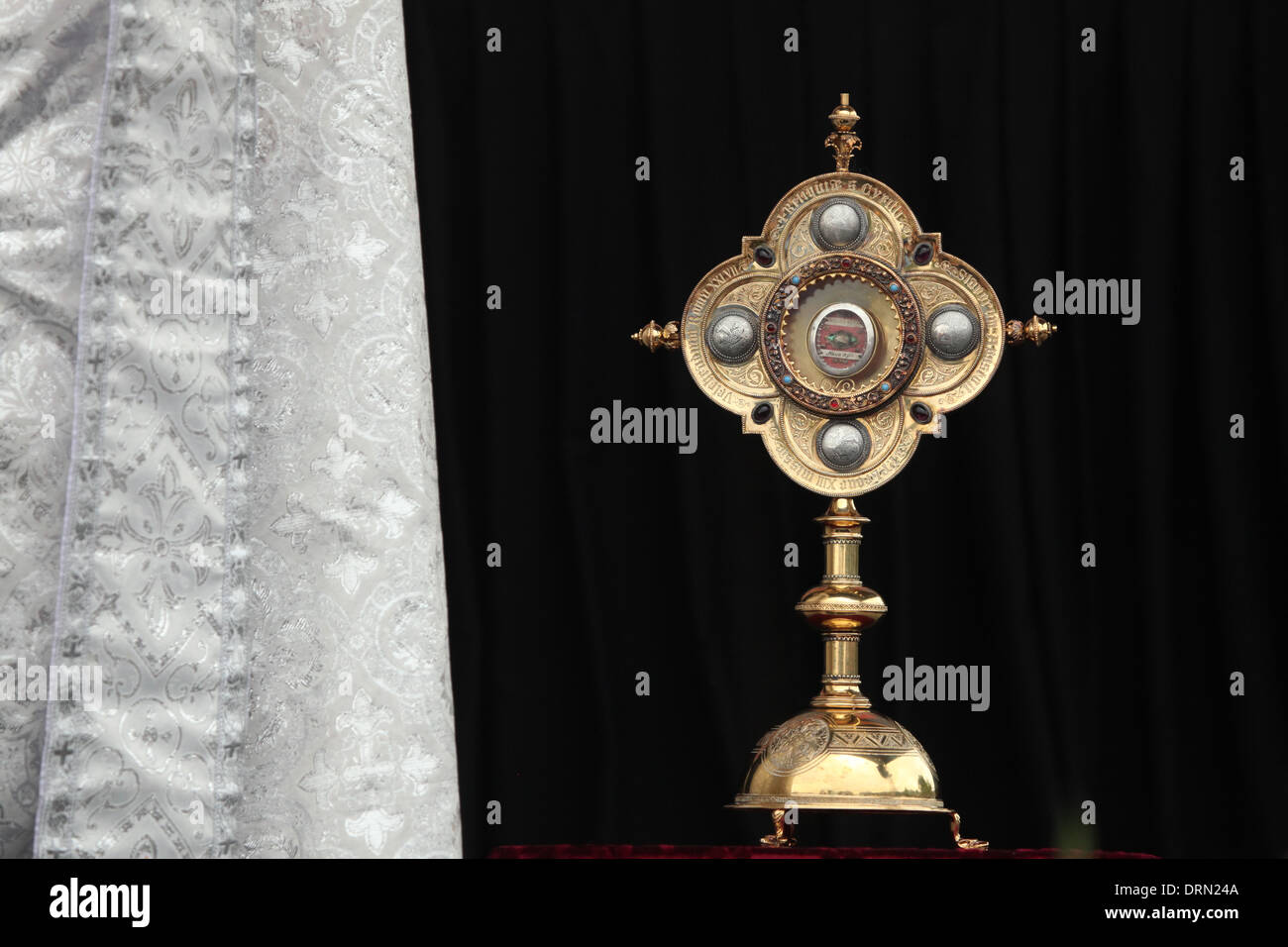 Reliquary holding relics of Saint Cyril displayed during an orthodox service in honour of Sts Cyril and Methodius in Mikulcice. Stock Photo
