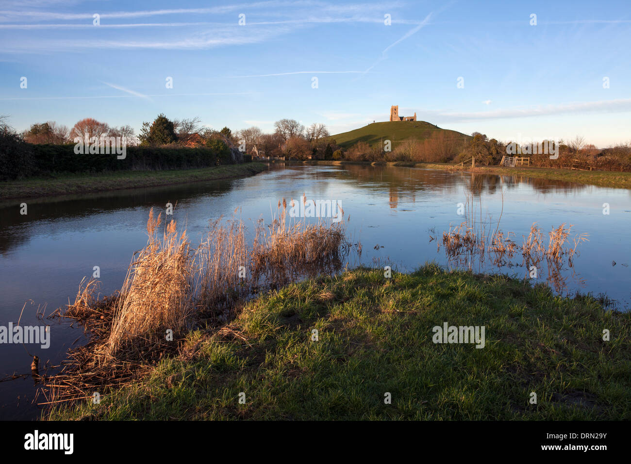 Burrow Mump and the ruins of St Michael's Church at Burrowbrige on the Somerset Levels. Stock Photo