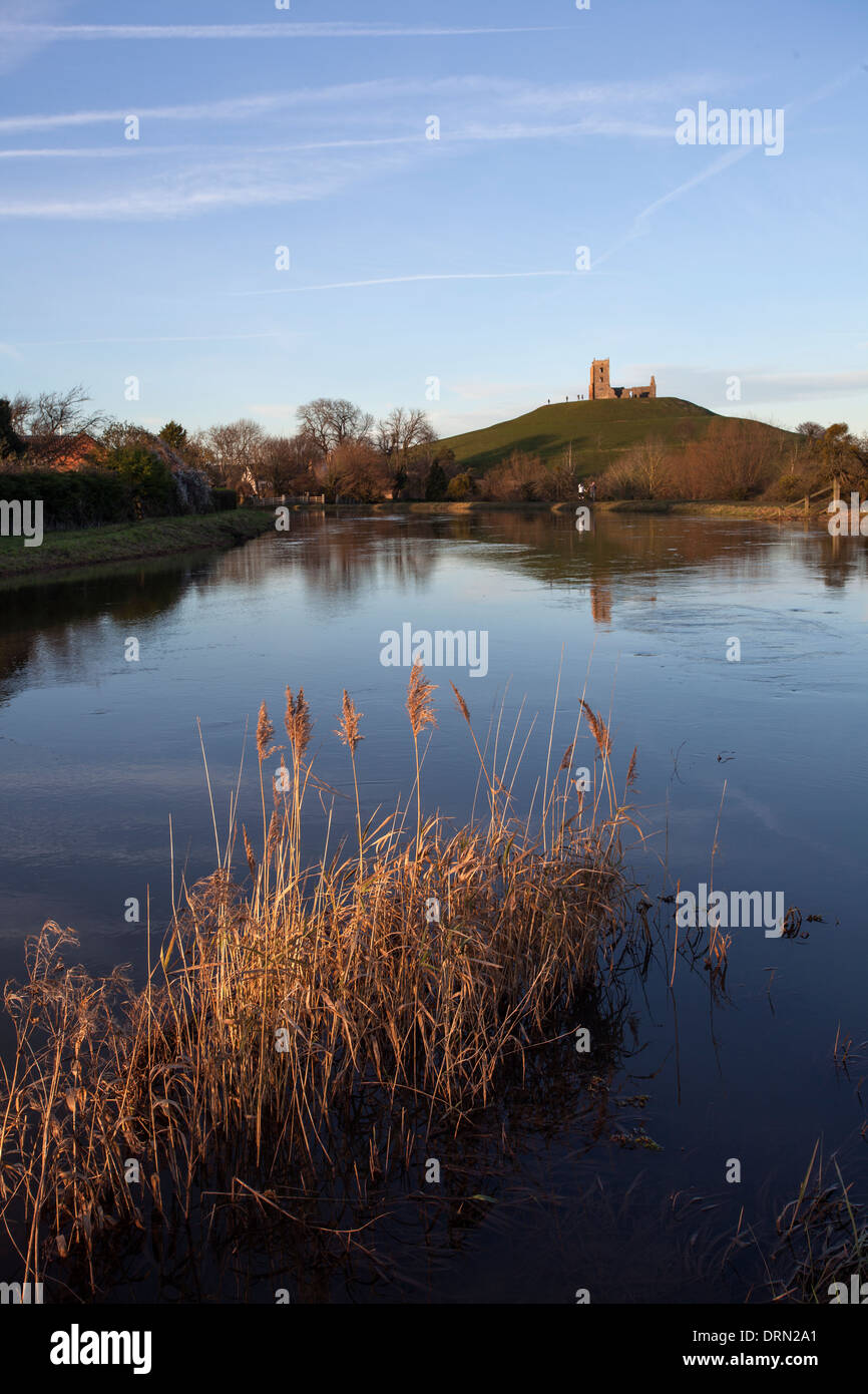 Burrow Mump and the ruins of St Michael's Church at Burrowbrige on the Somerset Levels. Stock Photo