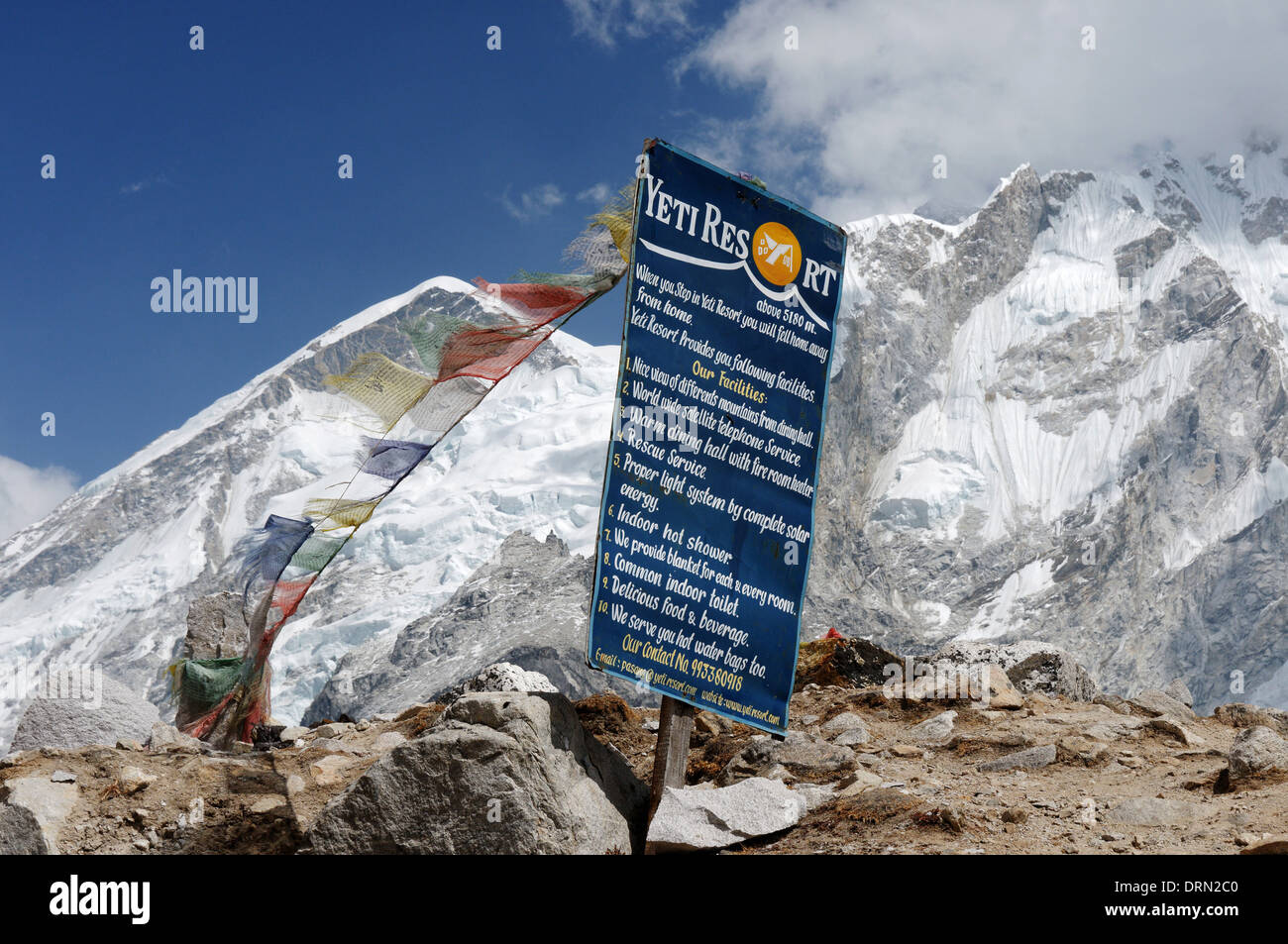 Sign for the Yeti resort lodge at Gorak Shep, the last point on the everest base camp trek, Nepal Stock Photo