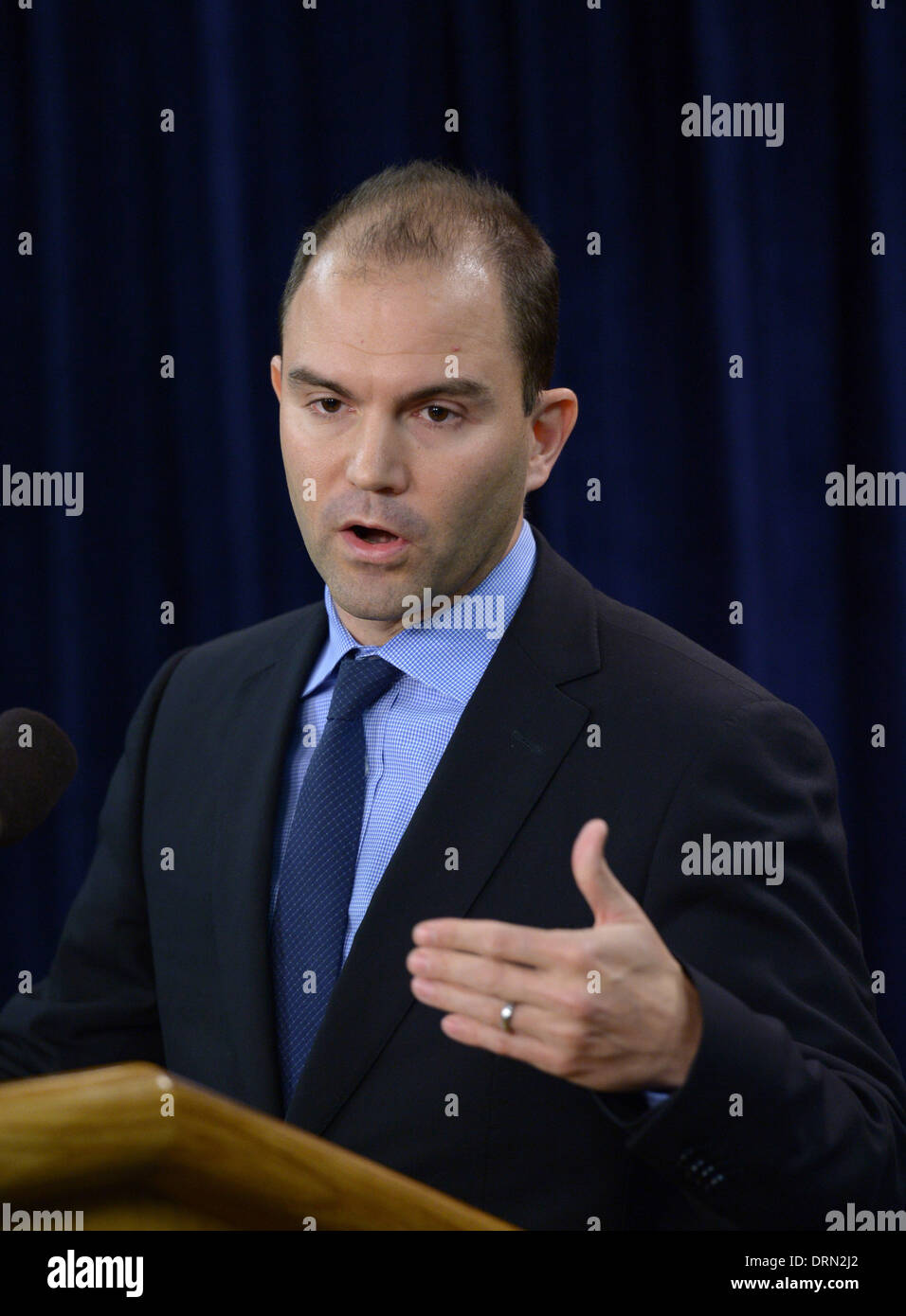 Washington DC, USA. 29th Jan, 2014. White House Deputy National Security Advisor for Strategic Communications Ben Rhodes speaks during a briefing on 2014 Foreign Policy Priorities for the Obama Administration at the Foreign Press Center in Washington DC, the United States, Jan. 29, 2014. Credit:  Yin Bogu/Xinhua/Alamy Live News Stock Photo