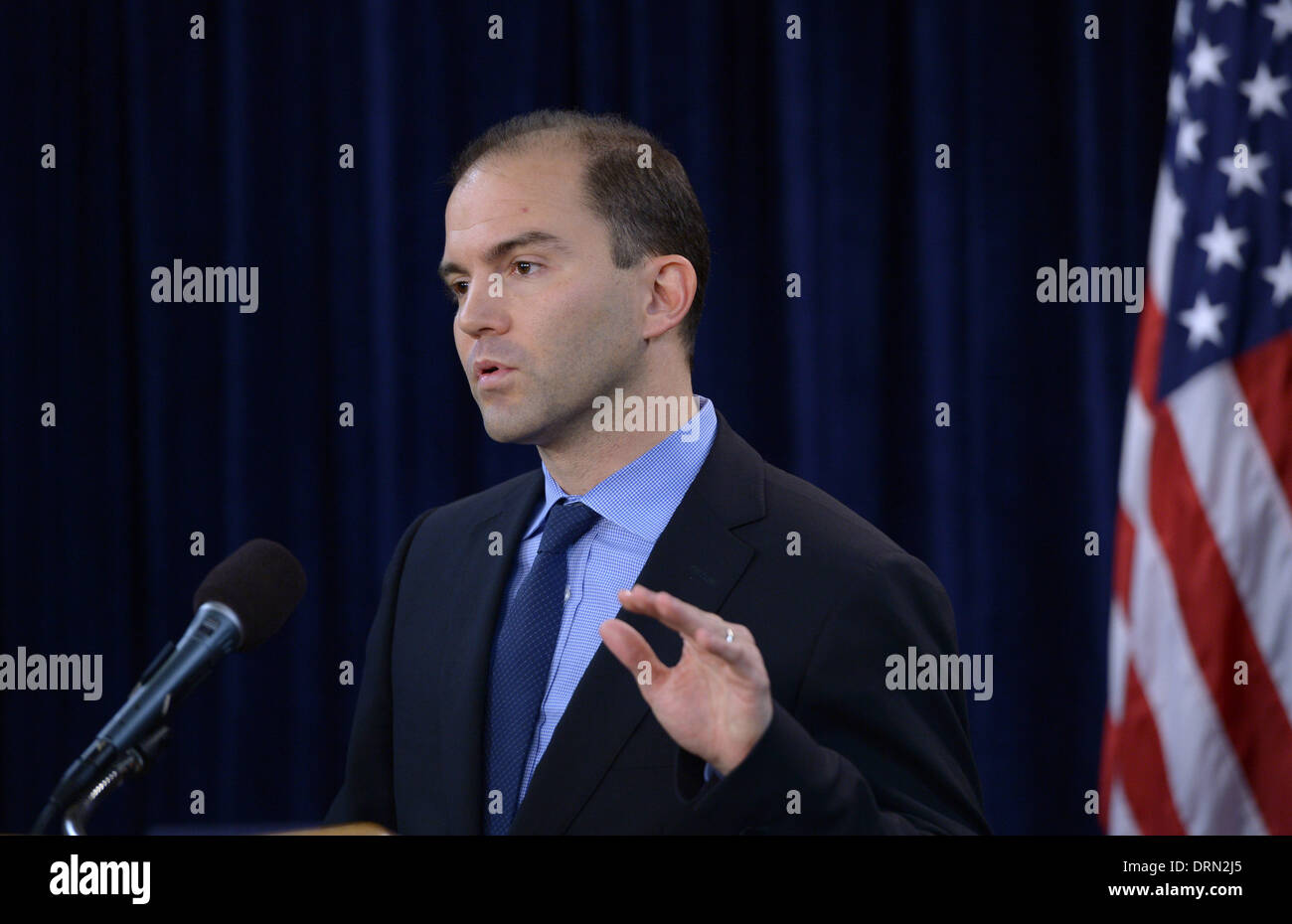 Washington DC, USA. 29th Jan, 2014. White House Deputy National Security Advisor for Strategic Communications Ben Rhodes speaks during a briefing on 2014 Foreign Policy Priorities for the Obama Administration at the Foreign Press Center in Washington DC, the United States, Jan. 29, 2014. Credit:  Yin Bogu/Xinhua/Alamy Live News Stock Photo