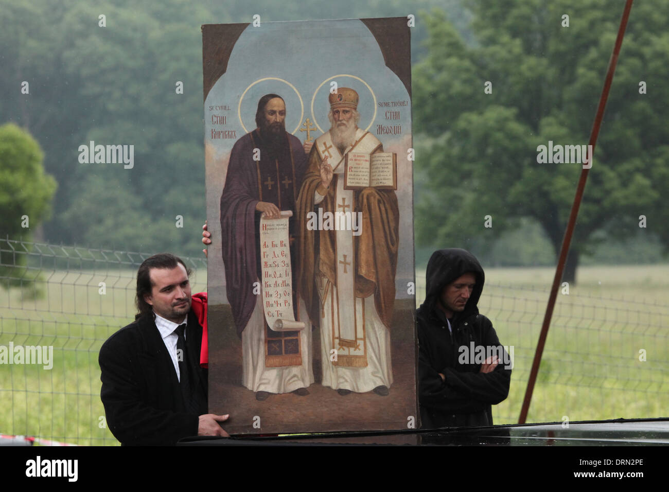 Orthodox believers hold an icon of Saints Cyril and Methodius during an orthodox service in honour of Saints Cyril and Methodius Stock Photo