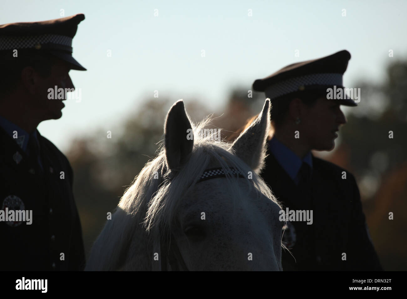 Members of the Czech Mounted Police guard the 123rd Velka Pardubicka Steeplechase in Pardubice, East Bohemia, Czech Republic. Stock Photo