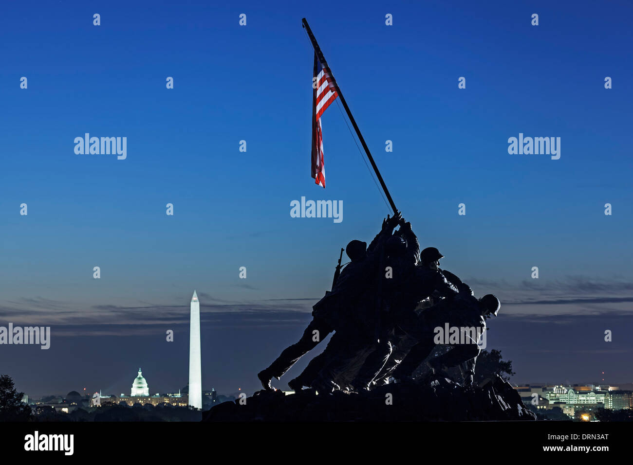 Iwo Jima Memorial, U.S. Marine Corps, Arlington, Virginia with Washington Memorial and U.S. Capitol Building, Washington DC USA Stock Photo