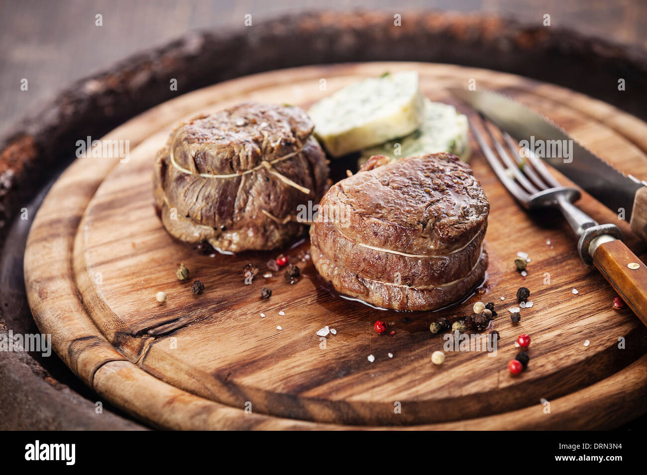 Beef steak fillet mignon and butter with herbs Stock Photo