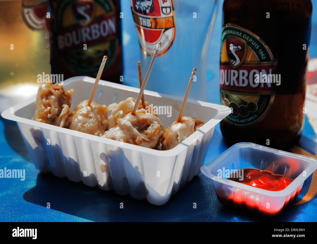 Local delicacy bouchons and beer ile de la reunion hires stock