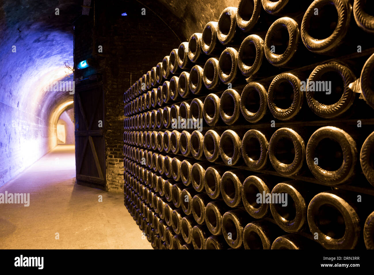 Methuselah bottles stacked and ageing in caves of Champagne Taittinger in Reims, Champagne-Ardenne, France Stock Photo