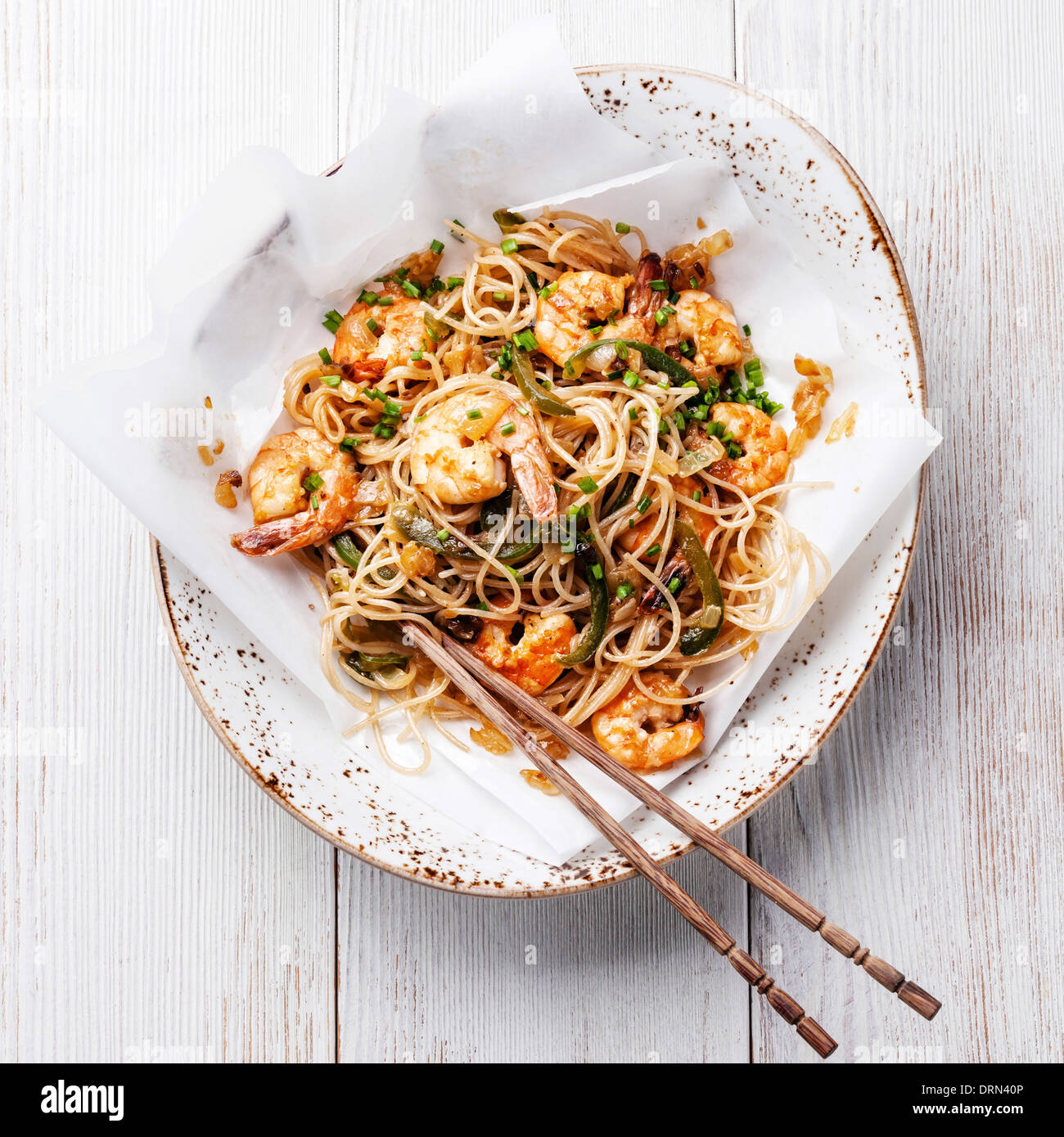 Thai rice noodles with shrimp Stock Photo
