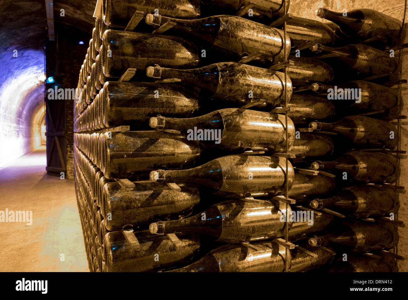Methuselah bottles stacked and ageing in caves of Champagne Taittinger in Reims, Champagne-Ardenne, France Stock Photo