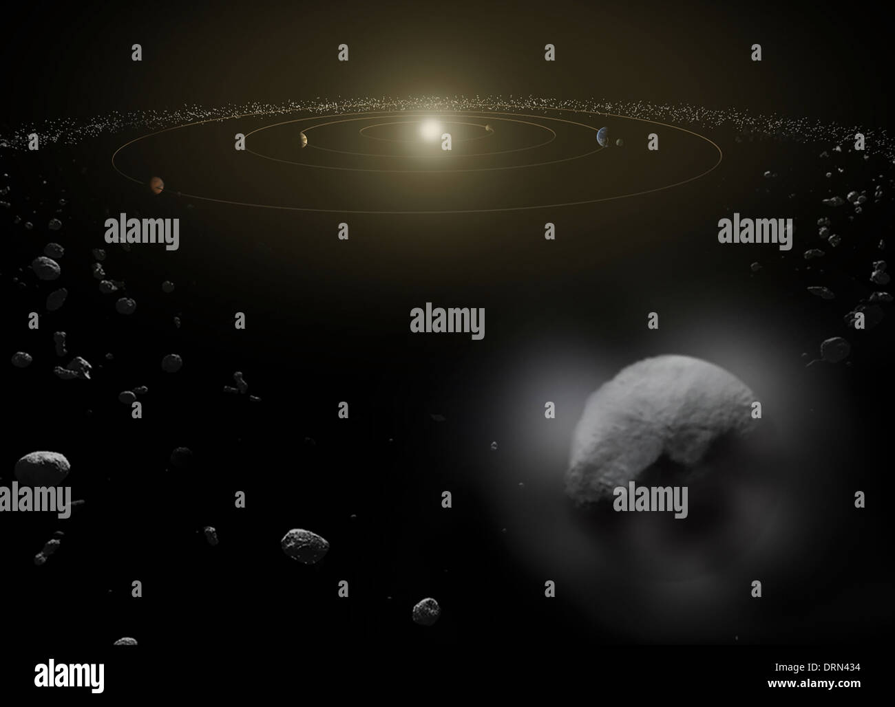 Artist's conception of the dwarf planet Ceres located in the main asteroid belt, between the orbits of Mars and Jupiter. Stock Photo