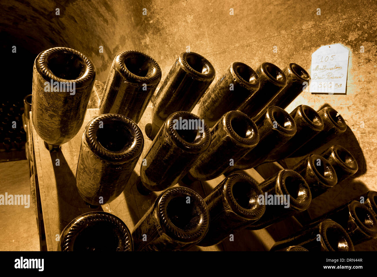 Methusalem bottles of champagne brut reserve in frames for remuage turning in caves of Champagne Taittinger in Reims, France Stock Photo