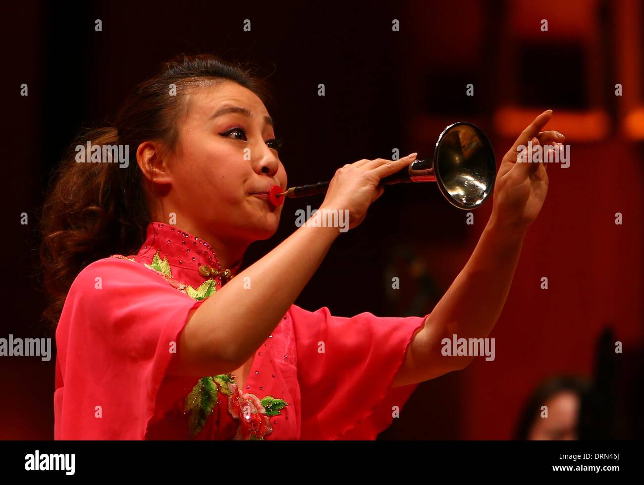 Brussels, Belgium. 29th Jan, 2014. A Chinese suona player performs at a