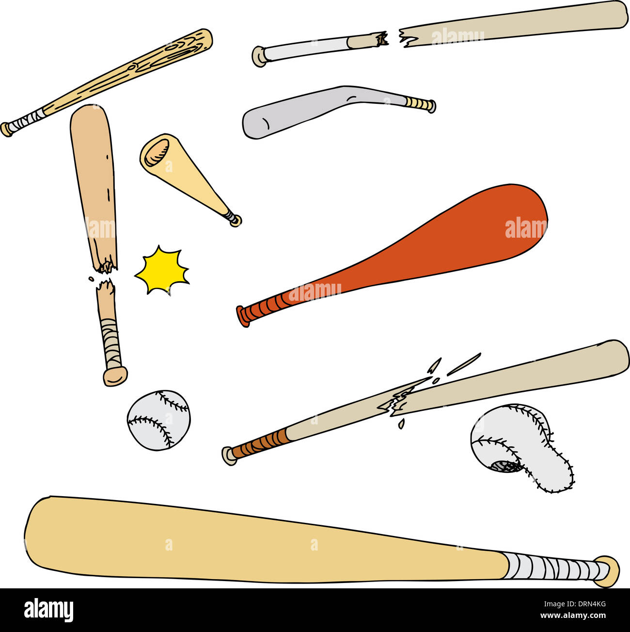 Set of various baseball bats and balls on white background Stock Photo