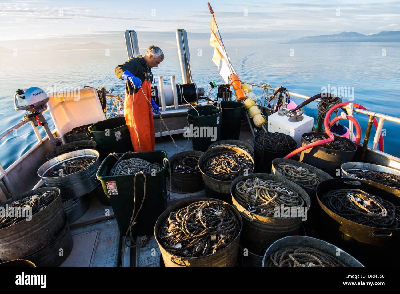 Fisherman laying out longline for Black Cod commercial fishing, Chatham Strait, Southeast Alaska, USA Stock Photo