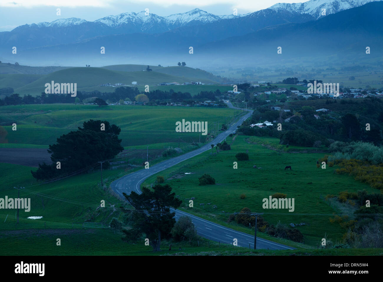 Road, farmland and Seaward Kaikoura Ranges, Kaikoura, South Island, New