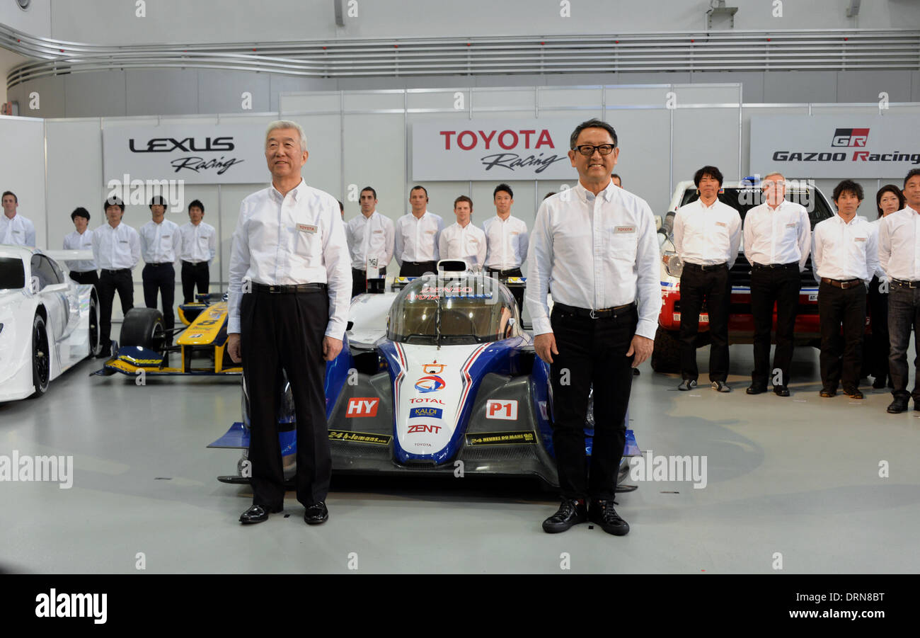 Tokyo, Japan. 30th Jan, 2014. President Akio Toyoda, front right, of Japan's Toyota Motor Corp., poses with drivers and staff of its racing tream during a presentation its motor sports activities for 2014 in Tokyo. They will include participation in the FIA World Endurance Championship and the Le Mans 24-hour race, the NASCAR racing series and the Super GT and Super Formula championships. Toyoda said its motor sports activities through Lexus Racing and Toyota Racing are aimed to bring more joy to more people through automobiles. Credit:  Natsuki Sakai/AFLO/Alamy Live News Stock Photo
