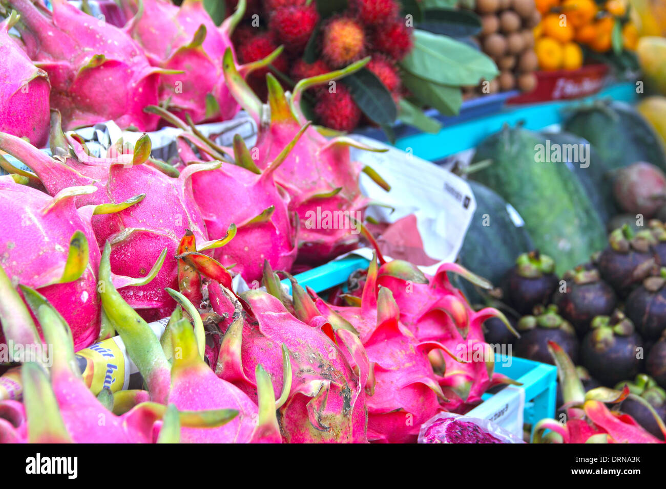 Exotic fruits on asian market close-up Stock Photo