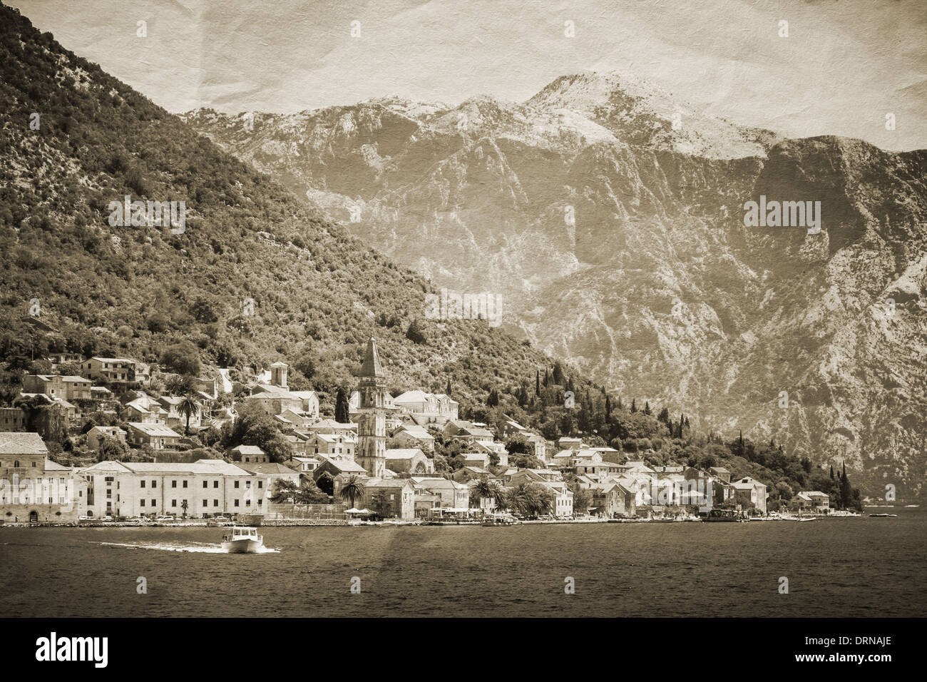 Vintage stylized photo of Perast town, Kotor Bay, Montenegro Stock Photo