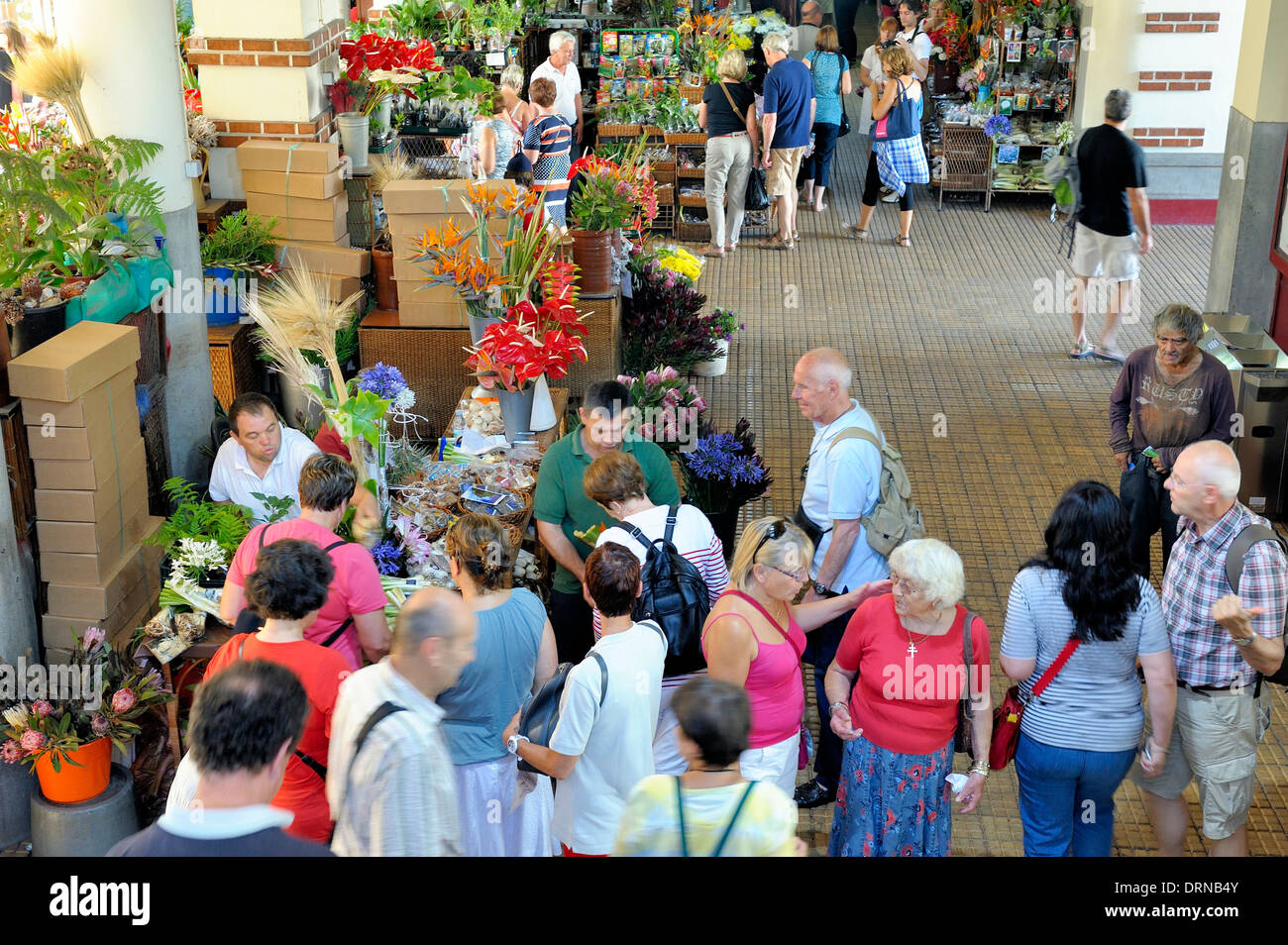 People talking at a indoor flower market stall Funchal Madeira Stock Photo