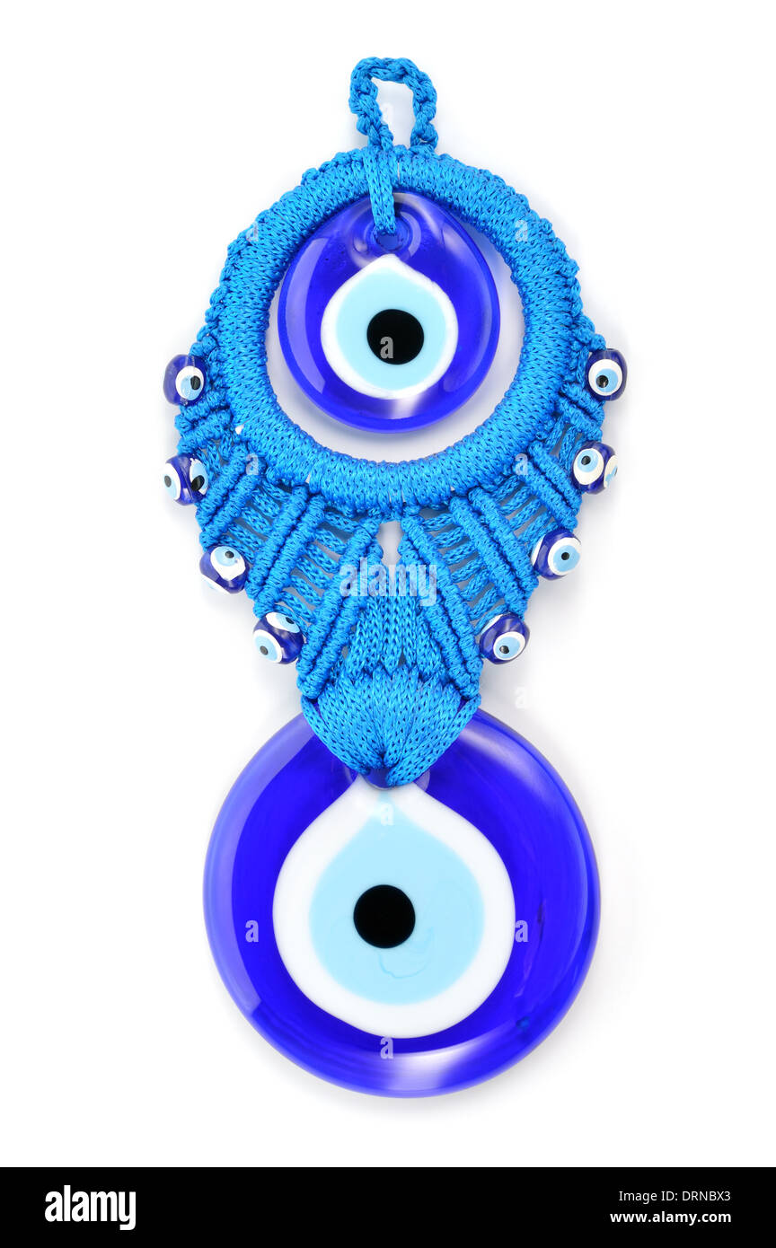 Traditional Turkish amulet Evil Eye or blue eye. Souvenir of Turkey isolated on white background. Stock Photo