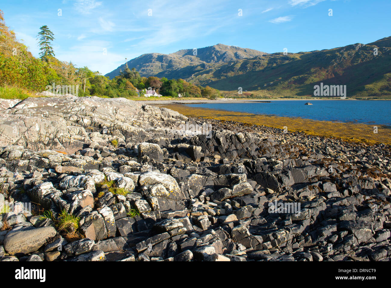a landscape of inverie bay on loch nevis knoydart on the west coast of scotland with good foreground iterest and a good blue sky Stock Photo