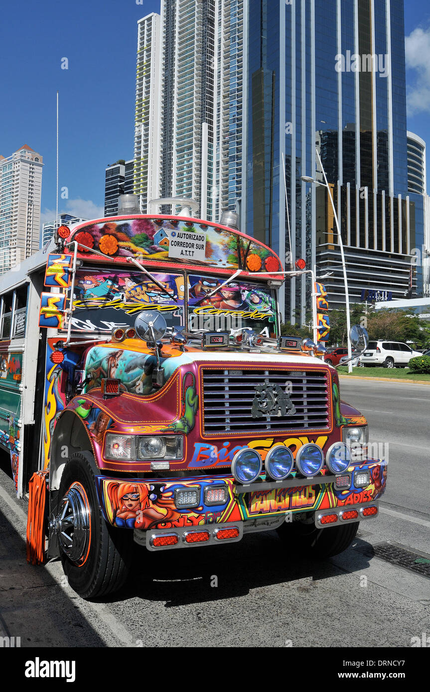 painted bus, public transport, Panama city, Panama Stock Photo