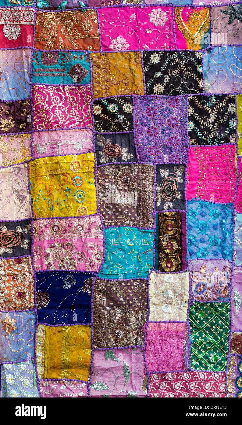 Multicoloured Indian fabric wall hanging. Indian craftwork Stock Photo